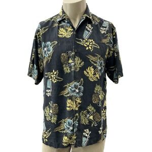 Tommy Baham Silk Hawaiian Button Shirt Martini Cocktail Floral Pineapple Mens M